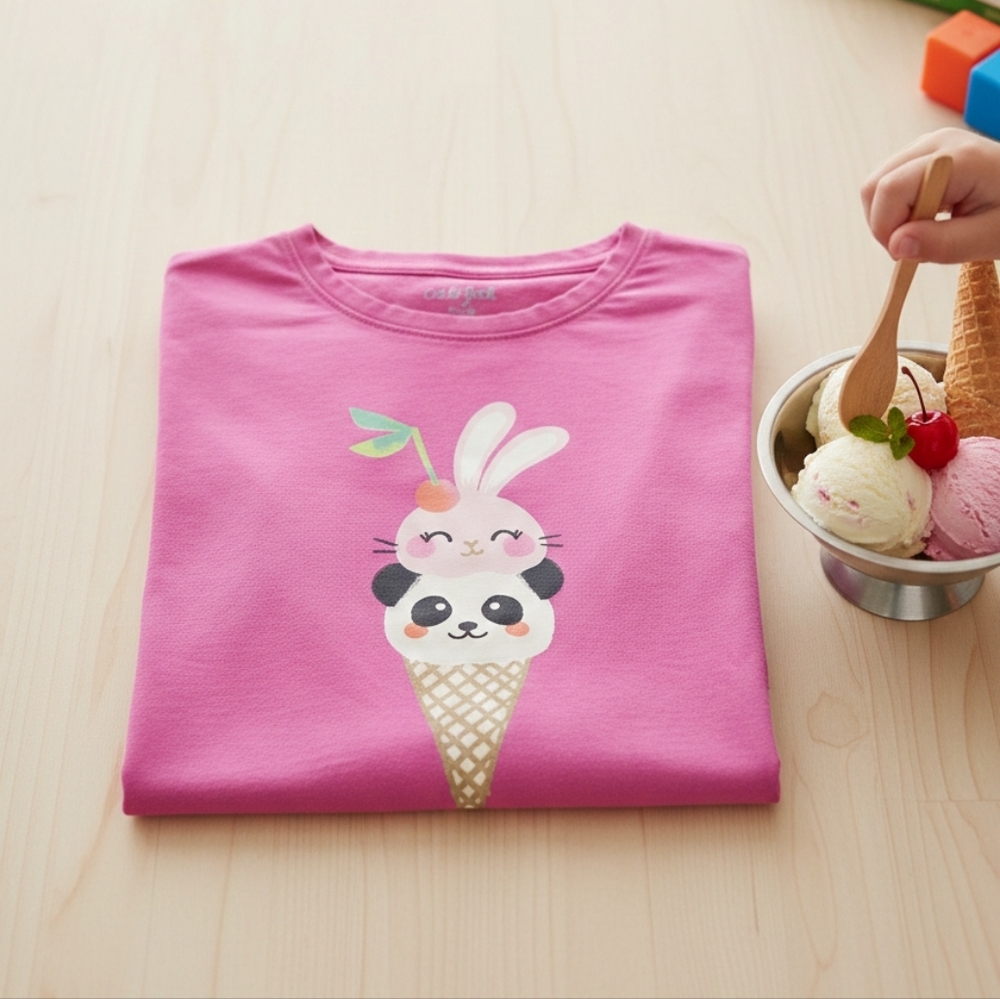 Cat & Jack Fuchsia Tee with Bunny and Panda Ice Cream Design
